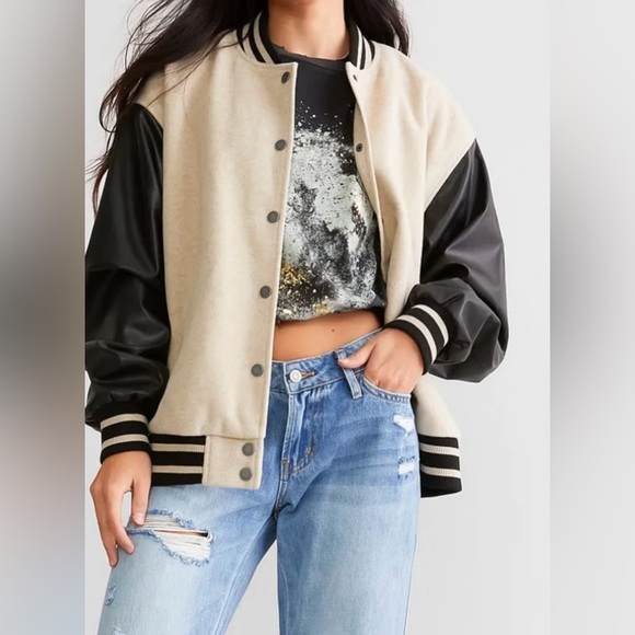 Iris Black and Cream Varsity Bomber Jacket - Picture 2 of 10